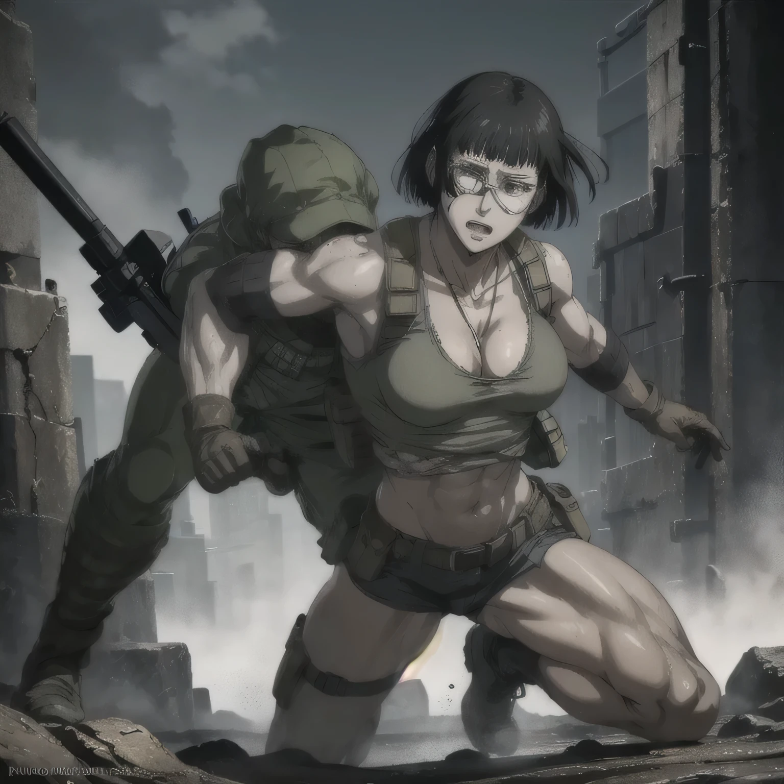 (best quality,ultra-detailed,realistic:1.37),musclaur badass girl with sculpted body with preview her musclaur body and six-pack, full review of the female character face and body, intense expression,studio lighting, vivid colors, physiologically-based rendering, grungy texture, rugged background, dust particles in the air, commanding presence, professional, powerful, gritty aesthetics,,Valmet،short hair،tattoos on shoulders,,Shining muscles, muscle protrusion,Valmet have a  muscles,eyepatch,,wet body,wet clothes,white skin,water dropped on body,Shining skin,camouflage pants, tank top female inside , dog tags, gloves,vest, boots, bandolier, ammunition belt