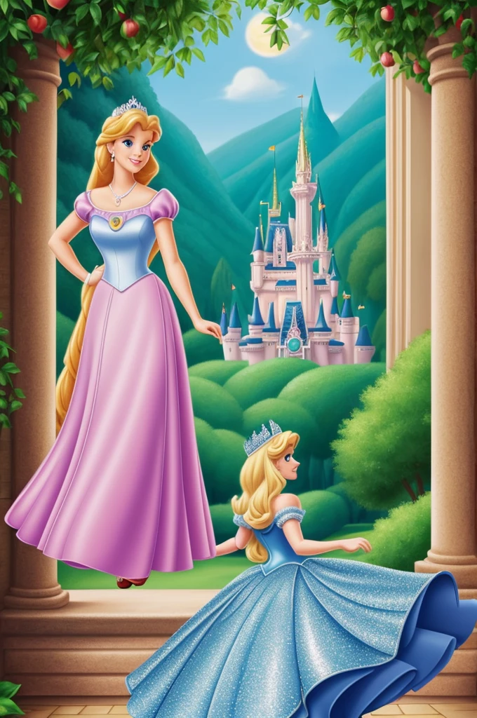 Make a poster with the theme of Disney Chanel princesses and you can see a princess escaping from a castle and there is an apple , a glass slipper like Cinderella's and a crown