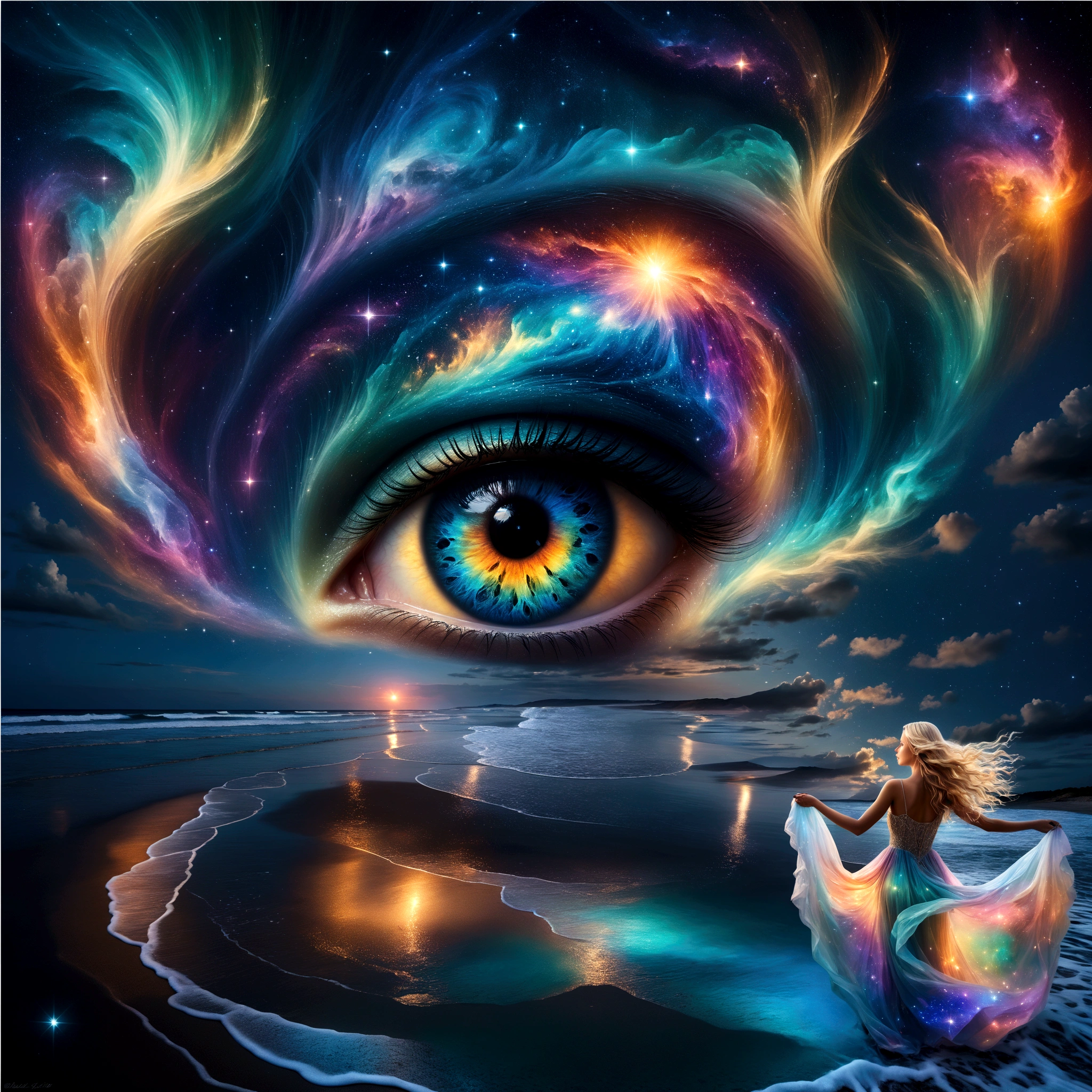 pristine beach at night with a bioluminescent and crystalline sea, viewed from a high vantage point. Sky: Majestic swirling galaxy forming a giant, detailed eye with vibrant colors reflecting on the water below. Bioluminescent and crystal-clear, with small waves crashing onto the sandy beach. Vivid reflections of the cosmic eye and starry sky on the water's surface. Intricate details in the waves' glow. Blonde woman with long flowing hair, wearing a floating,  resembling swirling patterns of Aurora Borealis. She stands in contemplation. Bioluminescent waves crashing onto a sandy beach at night, enchanting scene with vivid colors and gentle movement, A mesmerizing scene unfolds before your eyes as you gaze upon a hypnotic eye blending into a star-studded sky, dotted with nebulae and cosmic dust. intricate details in the waves' glow and shoreline, dreamy surrealism captured with high-resolution quality, cinematic aesthetic, raw capture of the ethereal moment with a touch of fantasy, beachscape illuminated in an otherworldly light, painterly tones and brush strokes in an oil painting style, shot with a Fujifilm XT3 and Plaubel Makina