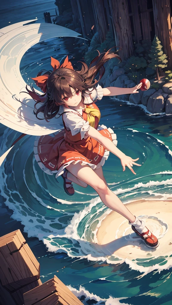 solo 1 girl view, TouHou project, An adventure girl Reimu, which due to a curse has been transformed into Kedama, a little ball of hair, having to fight waves of enemies, an isometric perspective with both ranged attacks and hand-to-hand combat, being able to turn into different monsters, random angle.,(all realistic intricate details)