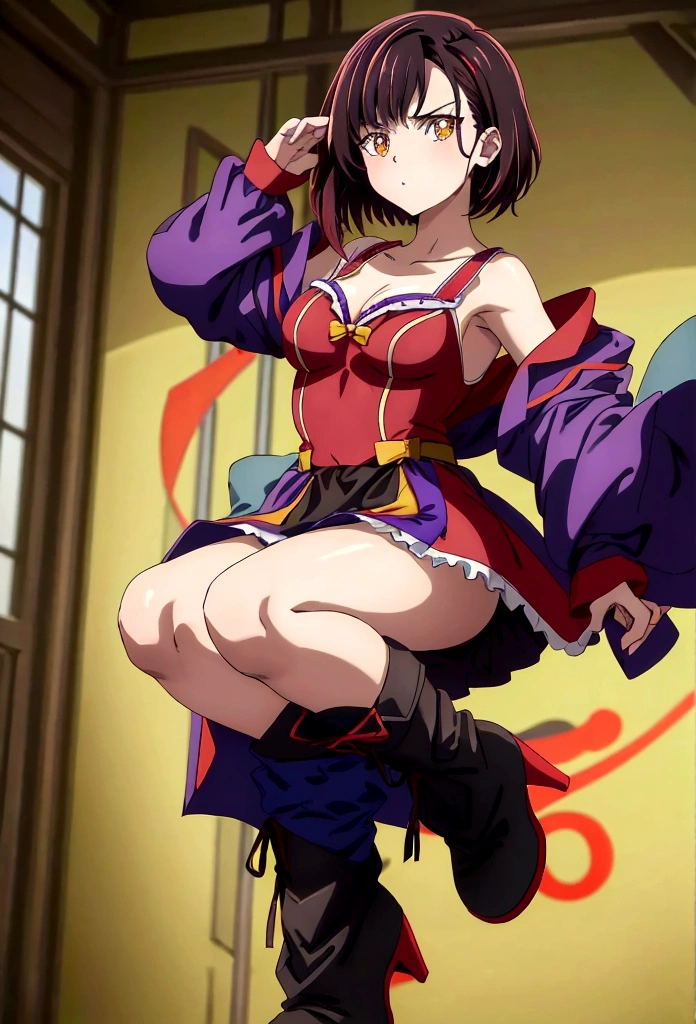 Superior image quality, high resolution, garota jovem, Caucasian skin, shorth hair, black hair with purple shine, yellow  eyes, red bow on head, short black dress, serious expression, medieval theme, Black boots, brown details, red on the dress, shoulderpads, small ruffles on the dress, concept art, arms on display
