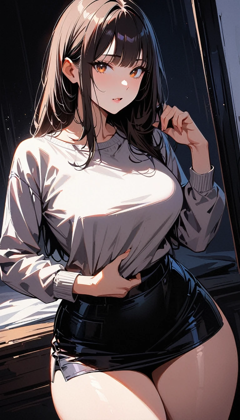 (high quality, 8k, 4K, high contrast, artwork:1.2, high quality, best aesthetics), (dynamic angle), ((1 woman)), erotic, sensual, mature body, super detailed, beautiful face detailed, beautiful eyes detailed, detailed beautiful mouth, sexy body, perfect breats, perfect wide thighs, dark brown hair, long dark brown hair straight and combed, short bangs, brown eyes, long eyelashes, calm facial expression, simple pink tiara in the hair, simple gray sweater, skirt Short black skirt, standing, erect posture, looking at viewer, centered, bedroom.