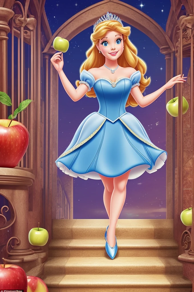 Make a poster with the theme of Disney Chanel princesses and you can see a princess escaping from a castle and there is an apple , a glass slipper like Cinderella's and a crown