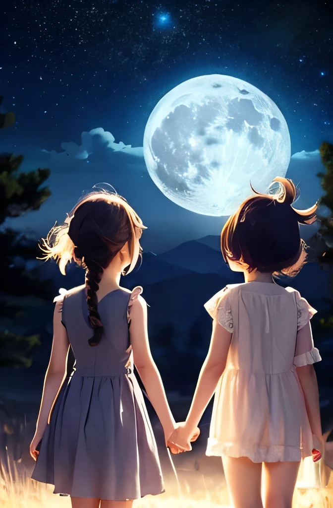 Anime Style　full moon　Starry Sky　Children playing　Back view