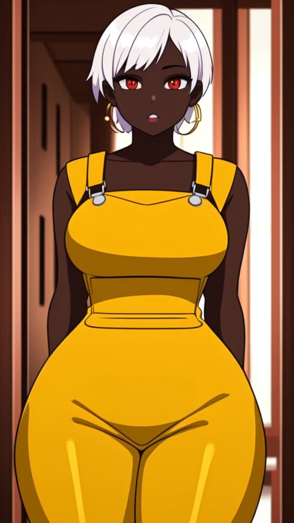 masterpiece, best quality,1girl, ((young girl)), ((large round magical red eyes)), shiny skin, (thin waist), (short white hair), ((curvy)), ((wide hips)), ((hoop earrings)), ((medium boobs)) , (((yellow overalls))), hot, soft natural lighting, reflections, bright illuminations, deep dark black skin, ((yellow outfit)) 