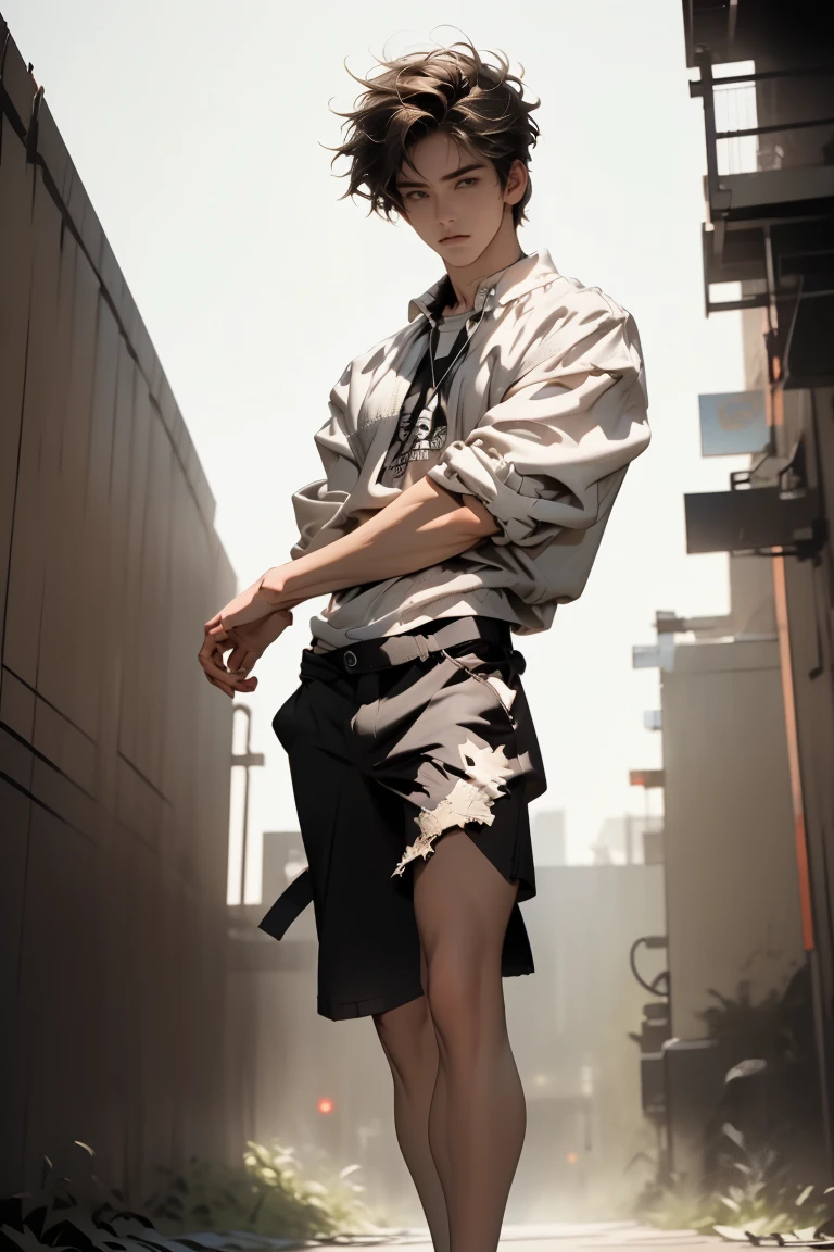 Ultra-realistic CG K ,((premium、8k、32k、Masterpiece、NFFSW:1.3)), (superfine illustration)、(super high resolution), (((adult body))), (((1 young man masculine features:1.5))), ((( modern short hair))), 25 year old cyberpunk gladiator with perfect body, Shoulder pads with metal spikes., Gladiadores in Brooklyn, (( short hair bob )), Torn rugby team t-shirt, wild urban style by Simon Bisley, short brown hair, sportswear:1.3, Metallic protection on the left arm with complex graphics....., Dark red with white stars and blue and white stripes.,(( sensual elegant pose:1.5)), armor, Full of spikes and rivets., poison tattoo (((Image from the knee up))), short brown hair, In the background、 There is a wall with an intricate design painted by Shepard Fairey.....