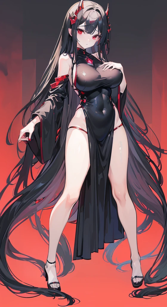 (Exquisite eyes),(Clear and beautiful eyes:1.61),masterpiece, ung girl,(Black clothes and some red gems), Black long hair, (She has a huge red gem on her chest), Good Hand,((The Havoc of StarCraft)),full-body shot,Fighting Stance,(Red Eyes:1.466),short and small,(Very big breasts:1.35),(Pretty Face),(full-body shot:1.33),Beautiful hands