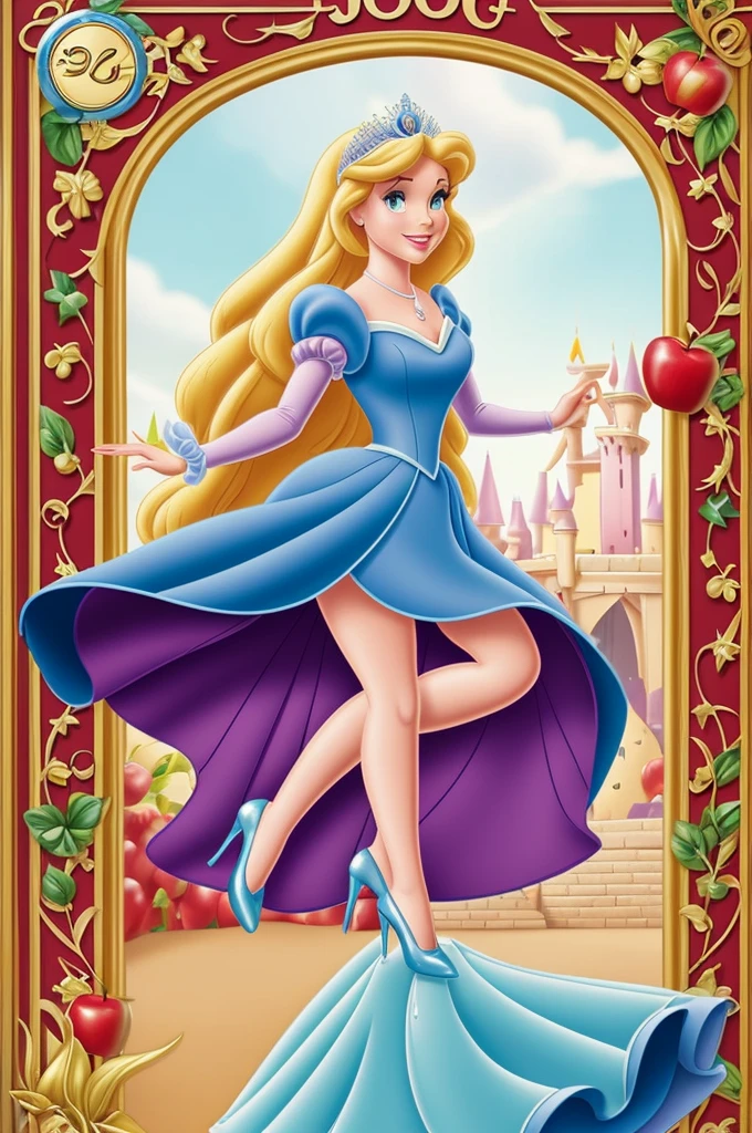 Make a poster with the theme of Disney Chanel princesses and you can see a princess escaping from a castle and there is an apple , a glass slipper like Cinderella's and a crown