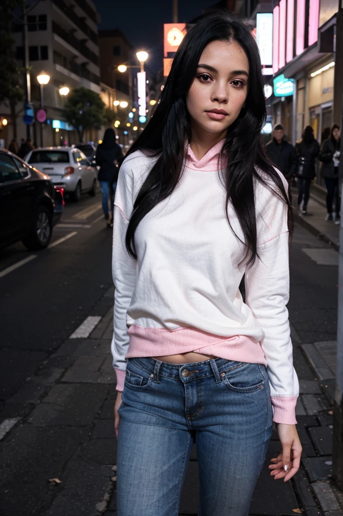 white woman in the street, at night, very light skin, long black hair, pink pull-over, white jean, high brightness, low contrast, low shadows