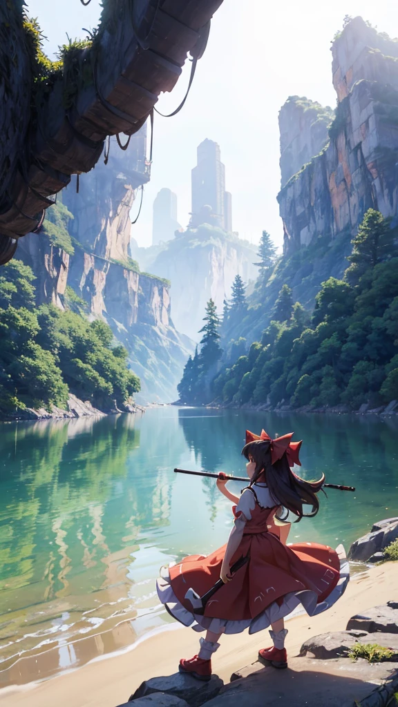 solo 1 girl view, TouHou project, An adventure girl Reimu, which due to a curse has been transformed into Kedama, a little ball of hair, having to fight waves of enemies, an isometric perspective with both ranged attacks and hand-to-hand combat, being able to turn into different monsters, random angle.,(all realistic intricate details)