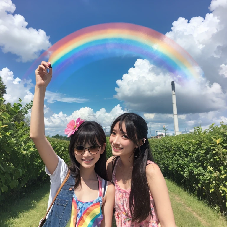(Highest quality), (8K), (Highest quality), (live-action), (Realistic photos), summer、summerを感じる物、summerを感じる風景, blue sky, Rainbow and sunshine shining.16K, Ultra-high resolution, Shining in rainbow colors、to be born,wonderful ,future、Iridescent、The world 30 years from now。
