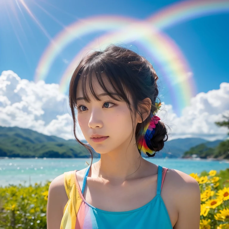 (Highest quality), (8K), (Highest quality), (live-action), (Realistic photos), summer、summerを感じる物、summerを感じる風景, blue sky, Rainbow and sunshine shining.16K, Ultra-high resolution, Shining in rainbow colors、to be born,wonderful ,future、Iridescent、The world 30 years from now。