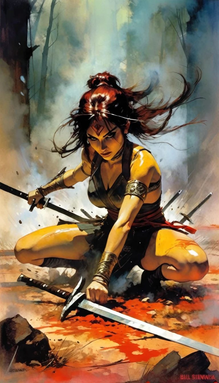 a woman warrior picks up five swords from the ground, , battle challenges, dead, smoke (art inspired by Bill Sienkiewicz)