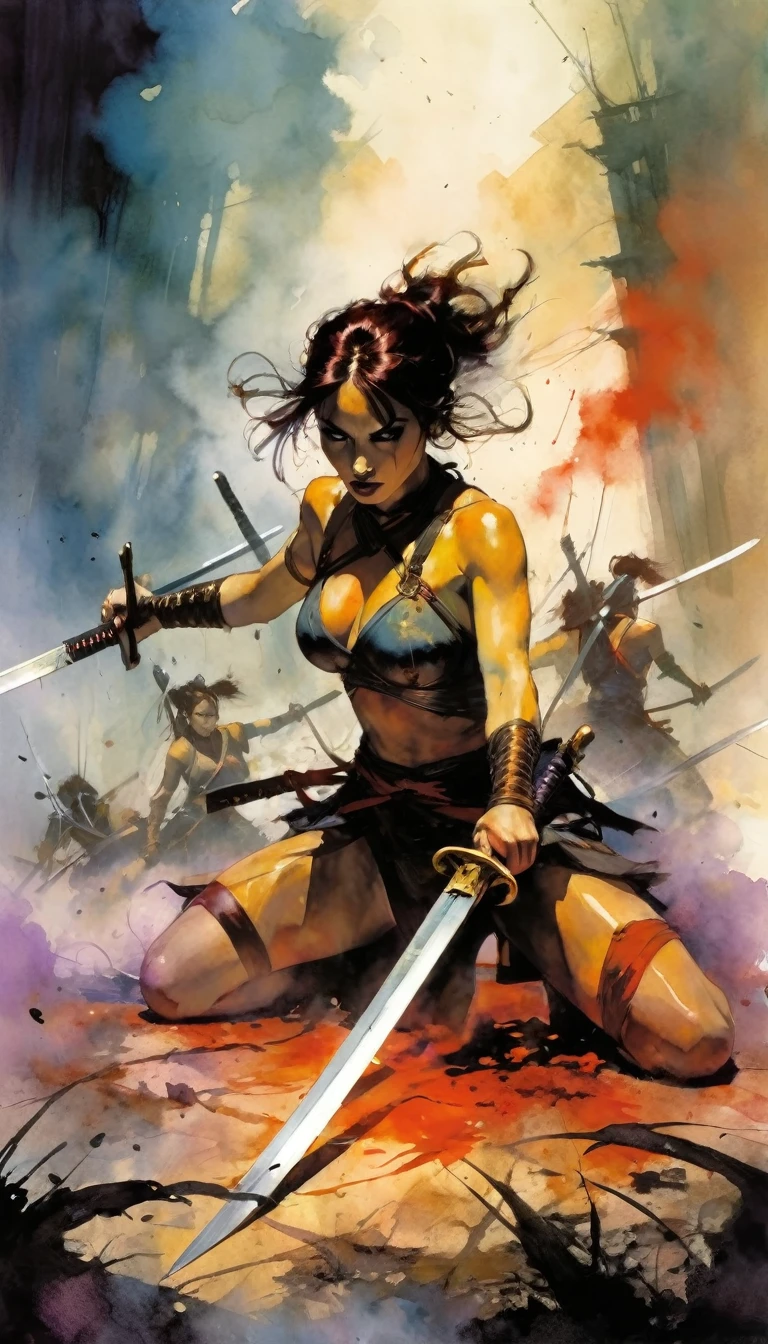 a woman warrior picks up five swords from the ground, , battle challenges, dead, smoke (art inspired by Bill Sienkiewicz)
