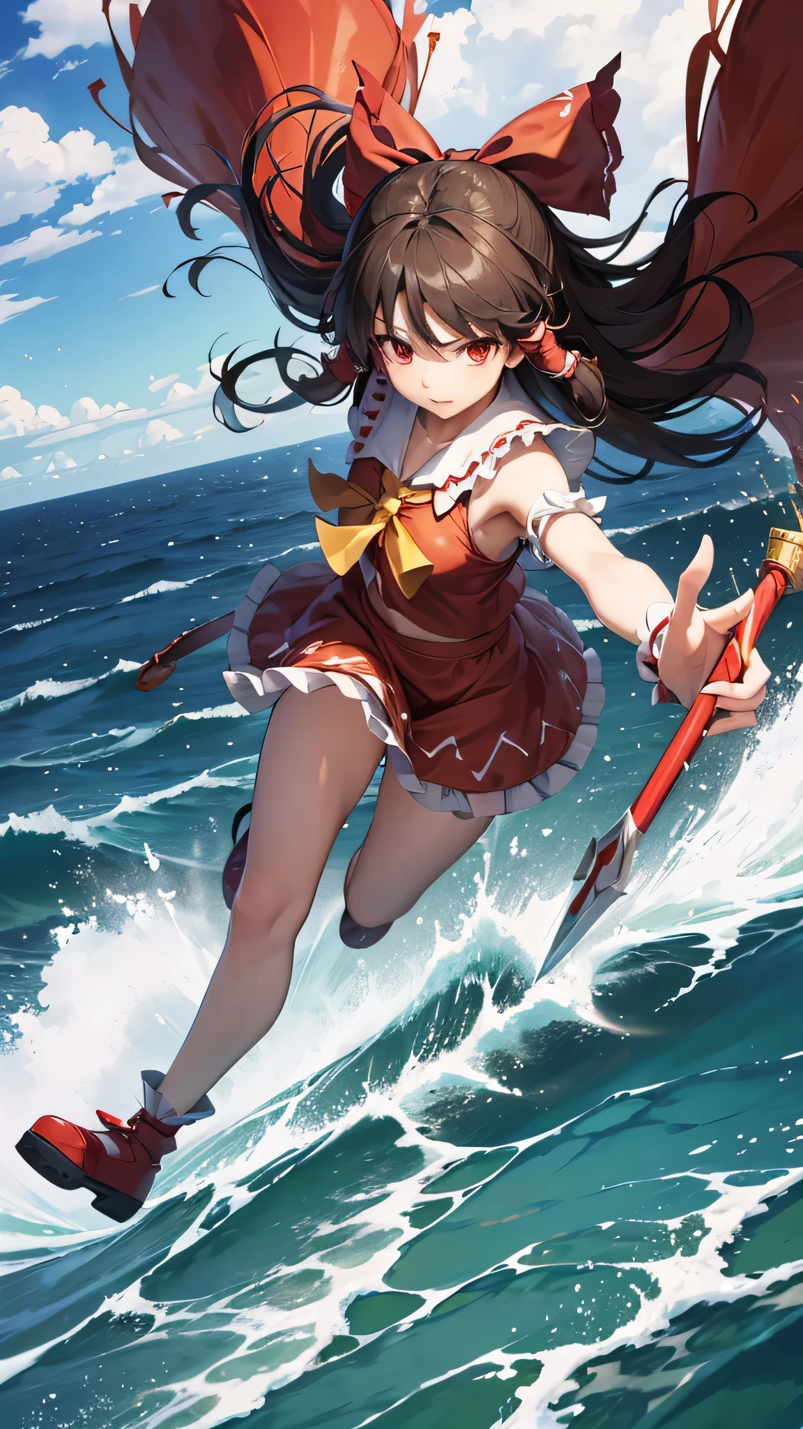 solo 1 girl view, TouHou project, An adventure girl Reimu, which due to a curse has been transformed into Kedama, a little ball of hair, having to fight waves of enemies, an isometric perspective with both ranged attacks and hand-to-hand combat, being able to turn into different monsters, random angle.,(all realistic intricate details)