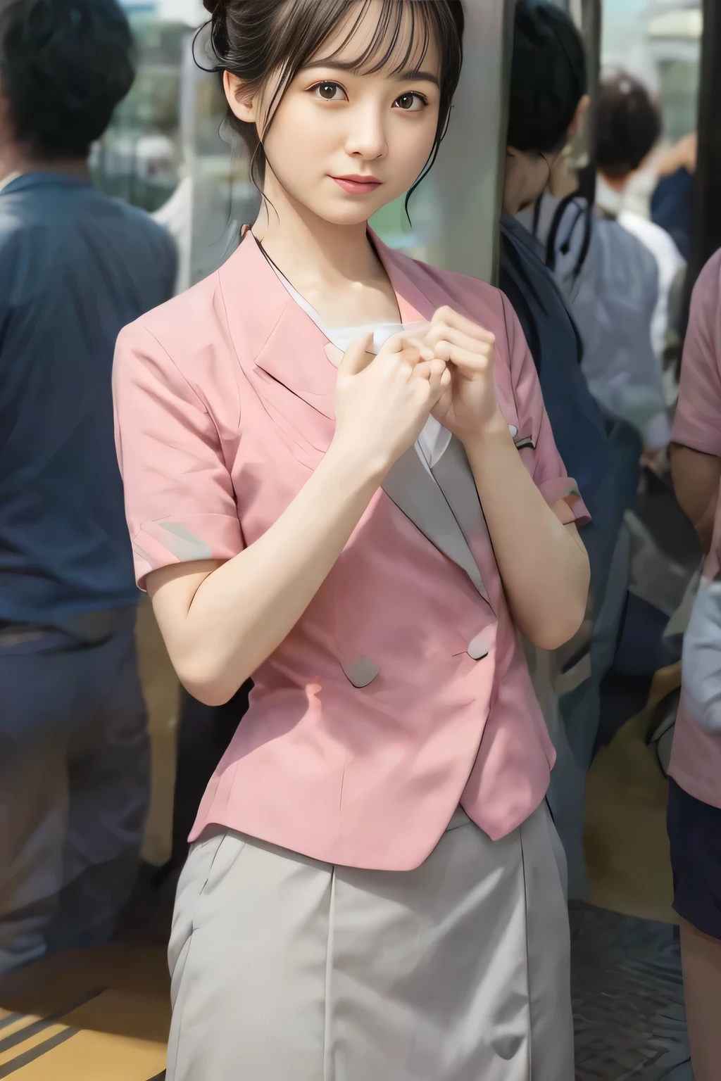 (masterpiece:1.2, Highest quality:1.2), 32k HDR, High resolution, (alone、1 girl)、(On the rooftop of a building in the daytime、Professional Lighting)、Building rooftop background、(Nankai train crew uniform pinkを着たリアルスタイル)、(Nankai train crew uniform pink short sleeve collarless pink jacket、Nankai Train Crew Uniform Pink Collarless Short Sleeve Blouse、Nankai Train Crew Uniform Pink Grey Knee-length Culottes)、((The bottom of the pink short-sleeved jacket cannot be tucked into the clay-colored culottes.))、Dark brown hair、(Hair tied up、Hair Bun、Hair Bun)、Dark brown hair、Long Shot、Big Breasts、Thin legs、((Great hands:2.0)),((Harmonious body proportions:1.5)),((Normal limbs:2.0)),((Normal finger:2.0)),((Delicate eyes:2.0)),((Normal eyes:2.0)))、(Nankai Train Crew Uniform Pink Grey Knee-length Culottesを見せた美しい立ち姿)、smile