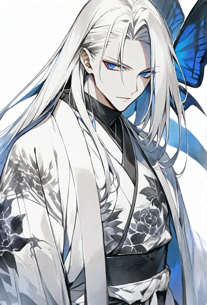 solo,handsome, monotone,Watercolor,
1. male,
bangs,Straight Hair,long Hair,
White hair, Gojo Satoru,devil wing,
blue Eyes,Black Rose Tattoo,butterfly Tattoo,
White kimono,Japanese Pattern,
skin,Silver Accessories,
White background,