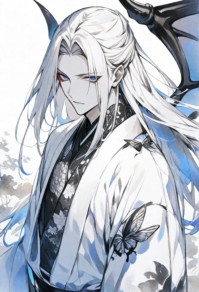 solo,handsome, monotone,Watercolor,
1. male,
bangs,Straight Hair,long Hair,
White hair, Gojo Satoru,devil wing,
blue Eyes,Black Rose Tattoo,butterfly Tattoo,
White kimono,Japanese Pattern,
skin,Silver Accessories,
White background,