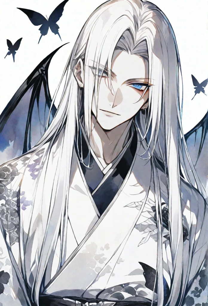 solo,handsome, monotone,Watercolor,
1. male,
bangs,Straight Hair,long Hair, 
White hair, Gojo Satoru,devil wing,
blue Eyes,Black Rose Tattoo,butterfly Tattoo,
White kimono,Japanese Pattern,
skin,Silver Accessories,
White background,