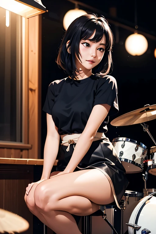 (masterpiece, Highest quality)、live house、A cute girl is playing the drums、Dark Eyes、Gorgeous lighting、Tight mini skirt、Black Hair、Japanese women、