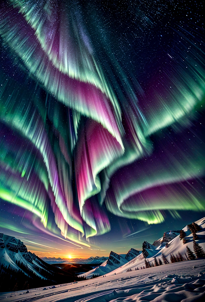 The Northern Lights phenomenon in a night sky, with a snowy landscape in the background. Vibrant colors in the sky and details of the snow-covered terrain. 