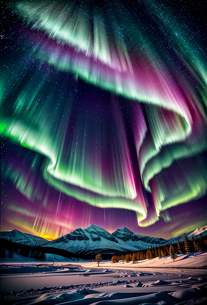 The Northern Lights phenomenon in a night sky, with a snowy landscape in the background. Vibrant colors in the sky and details of the snow-covered terrain.