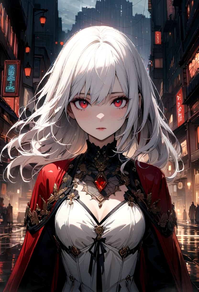 masterpiece, Best quality, extremely detailed, cinematic lightning, complex part, A high resolution, official art, finely detailed beautiful face and eyes, high resolution illustration, 8 k, depth of field, hips, One, 1 girl, Girl with white hair and red eyes, Long white hair, beautiful red eyes, beautiful landscape, rainy city, upper body, Looking at the viewer, close-up