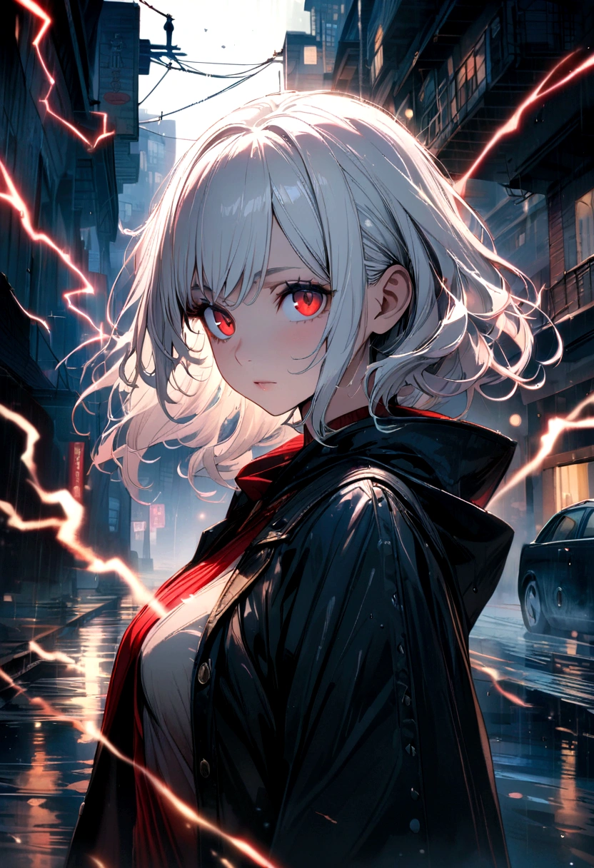 masterpiece, Best quality, extremely detailed, cinematic lightning, complex part, A high resolution, official art, finely detailed beautiful face and eyes, high resolution illustration, 8 k, depth of field, hips, One, 1 girl, Girl with white hair and red eyes, Long white hair, beautiful red eyes, beautiful landscape, rainy city, upper body, Looking at the viewer, close-up