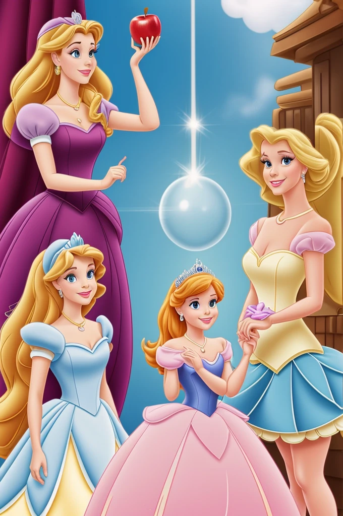 Make a poster with the theme of the Disney Chanel princesses and you can see the princesses and there is an apple , a glass slipper like Cinderella's and a crown