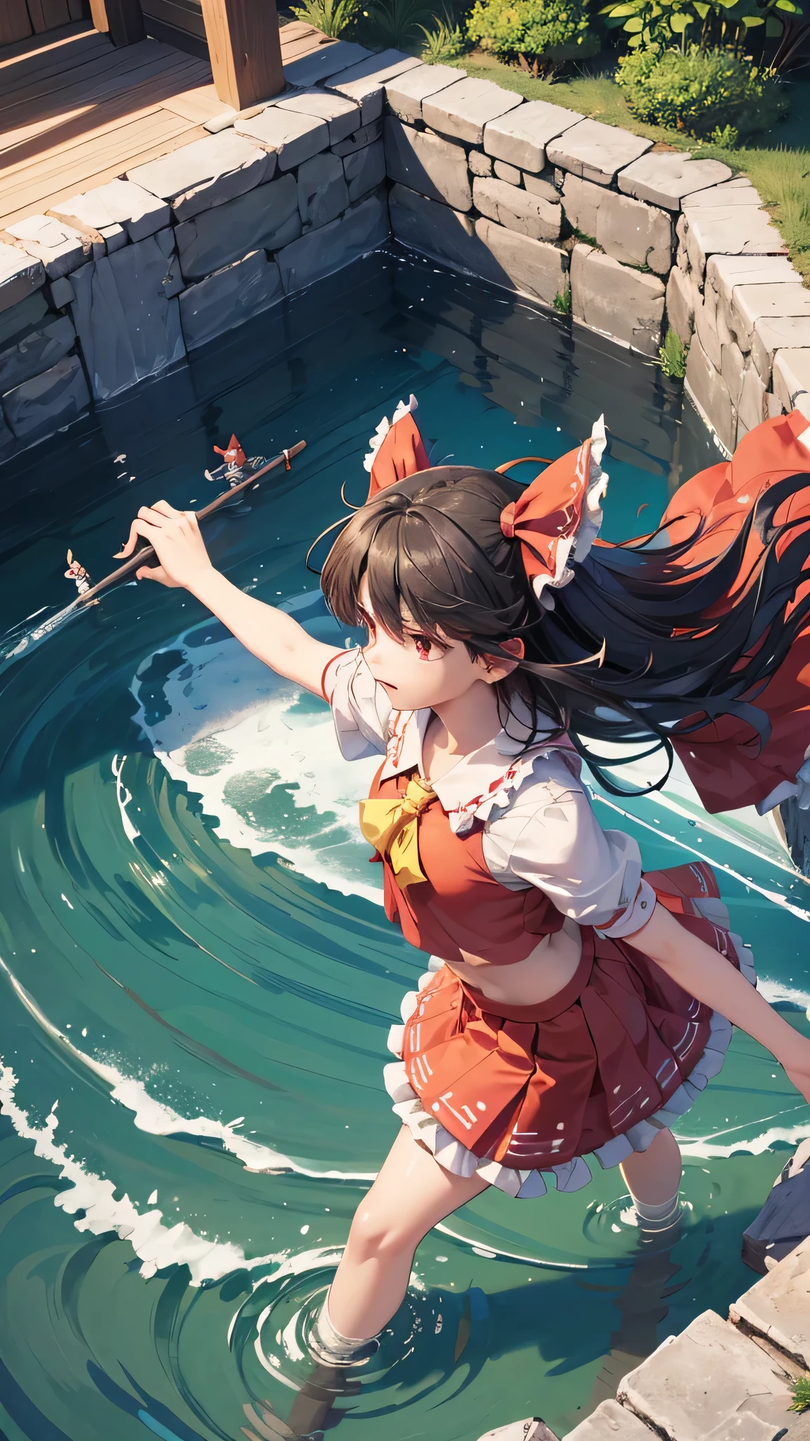 solo 1 girl view, TouHou project, An adventure girl Reimu, which due to a curse has been transformed into Kedama, a little ball of hair, having to fight waves of enemies, an isometric perspective with both ranged attacks and hand-to-hand combat, being able to turn into different monsters, random angle.,(all realistic intricate details)