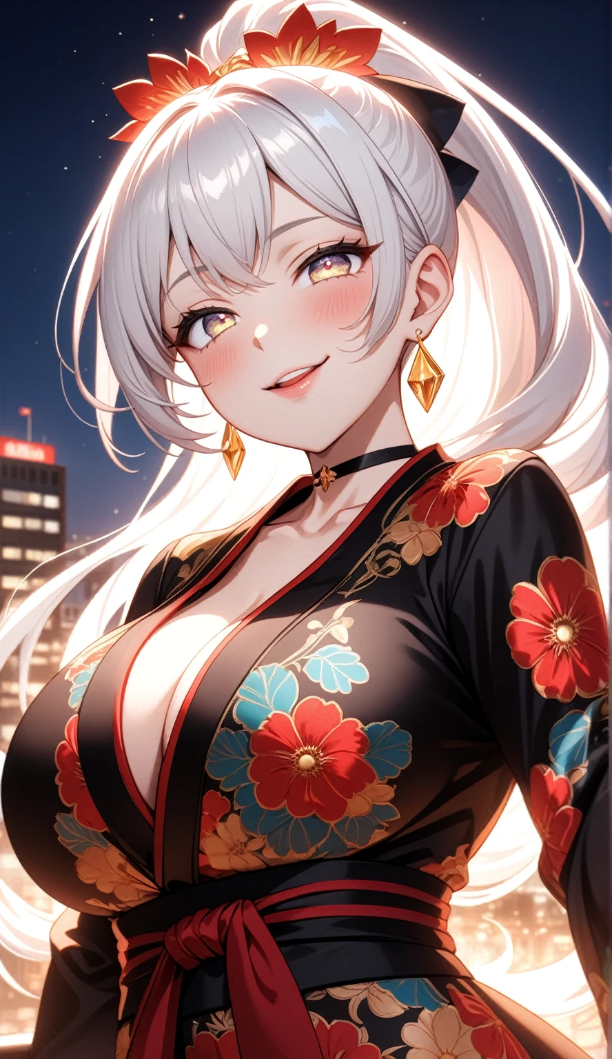((One personの女性)), Beautiful Face,((laugh)),((Wink:1.9)),((Touch your lips)), Laugh with your mouth wide open,((Bright red cheeks:1.4)),Shiny red lips,night,rooftop,You can see the ocean, firework,Laughing with your mouth open,Glossy pink lips, lighting,((Anime style background)),masterpiece, Highest quality, so beautiful,up to date, Complex details, (Pink long nails),(ring),(bracelet),(choker),AI-generated, Complex,High resolution, Highest quality, super high quality,3D Images、3D Images,One person,Long white hair,High Ponytail,(Pale eyes),Anime woman posing for a photo, ((Narrow eyes、Silvery white colorful eyes、Shining Eyes:1.4)),(Squint your eyes:1.1),a hyperRealistic , hyperRealistic , Realistic,Anime woman with long white hair, Smooth anime CG art, A woman in a colorful kimono with gold embroidery, (Black long sleeve kimono),Red floral pattern,Long flower hair ornament,Floral Earrings,Mature Body,(:1.1),expensive,Abdominal muscles,Tight waist,(Zoom up to face:1.7),Shooting from diagonally below
