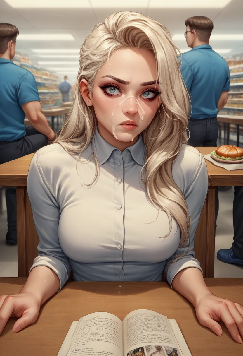 masterpiece), best quality, score_9, score_8_up, score_7_up, score_6_up, score_5_up, score_4_up expressive eyes, 1girl, sexy lady, (((lady sitting across table looking confused on why there is sperm on her face))), (((she trying to enjoy her food until a random man naked release cum on face))), (((man penis is out leaking with cum))) cum on face, (((people watching in the background)), background, store, pov, ((((no sperm eggs)))),