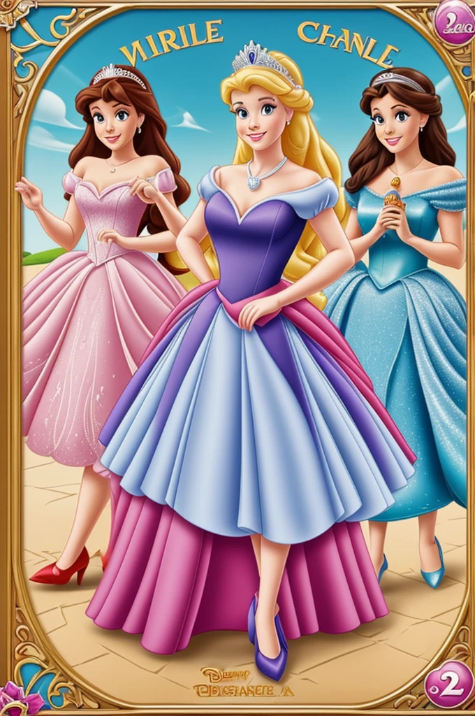 Make a poster with the theme of the Disney Chanel princesses and you can see the princesses and there is an apple , a glass slipper like Cinderella's and a crown 