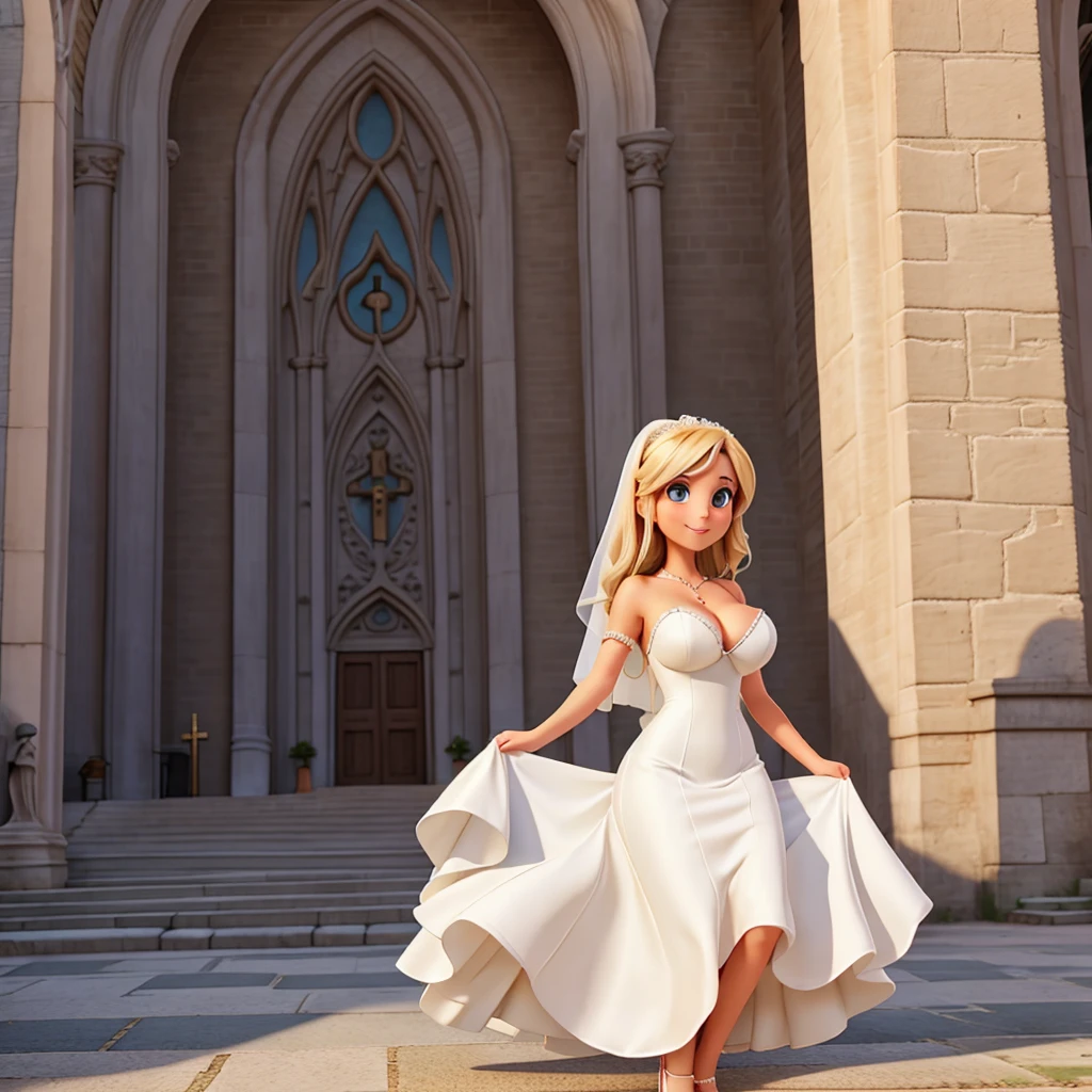 Bride in a nice low-cut dress showing her huge breasts outside the church