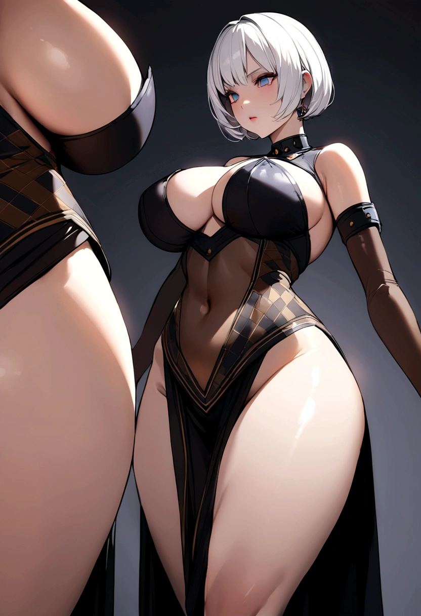 A white woman with short hair and a sexy figure in a Bonnie outfit has a very large face.