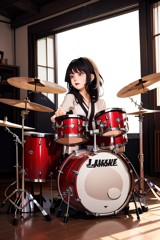 (masterpiece, Highest quality)、live house、A cute girl is playing the drums、Dark Eyes、Gorgeous lighting、Tight mini skirt、Black Hair、Japanese women、drummer、