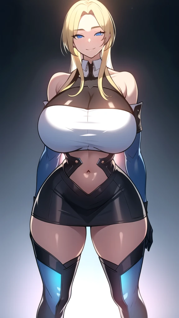 masterpiece, best quality, absurdres, 8k, perfect shadows,perfect lighting,hdr, cowboy shot,shiny skin,, beautiful body, kafka, ((blonde hair: 1.4)), long hair, (blue eyes: 1.4),  (crop top, underboob, elbow gloves, thigh boots, split skirt,  shoulders, curvy, midriff, curvy, thighs, higheels, shiny clothes), complex detailed background, inside, luxury palace) (gigantic breasts,hourglass body, thin waist,very slim waist)extremely detailed face,detailed eye makeup, detail face, nice detailed eyes,nice hands, perfect hands (realistic pupils,realistic iris:1) heavy eye makeup,glowing eyes, Bright eyes,standing,standing at attention,( smile), gigantic breasts, curvy