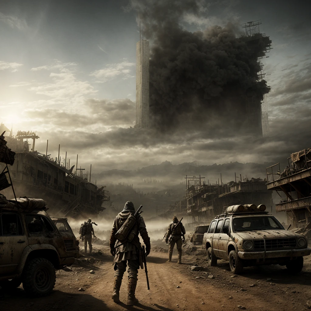 There is a man walking and a German Shepherd dog walking in a field, in a post-apocalyptic wasteland, arte conceitual fallout, in a dystopian landscape, No campo cyberpunk, post - apocalyptic wasteland, em um terreno baldio, post apocalyptic world, post apocalyptic wasteland, arte oficial de fallout 5, post apocalyptic landscape, arte conceitual cinematografica altamente realista, Dystopian Art 4K, Scenario of chaos, carros pegando fogo ao fundo, cenario cinzento