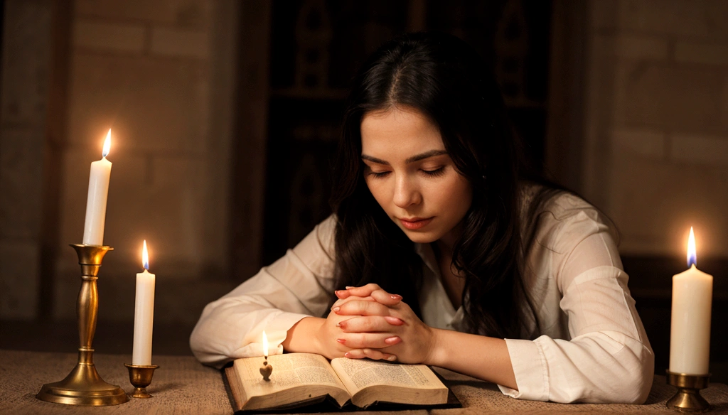 a woman praying with her hands crossed, in front of a candle, and a bible in front