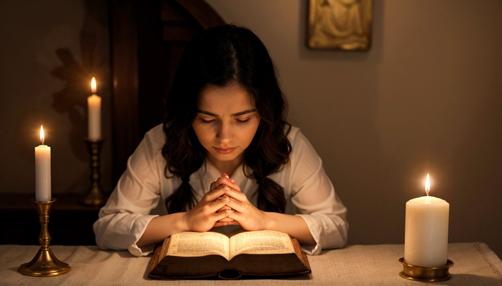 a woman praying with her hands crossed, in front of a candle, and a bible in front