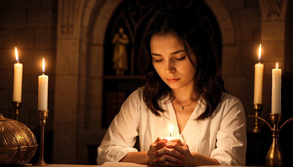 a woman praying with her hands crossed, in front of a candle, and a bible in front