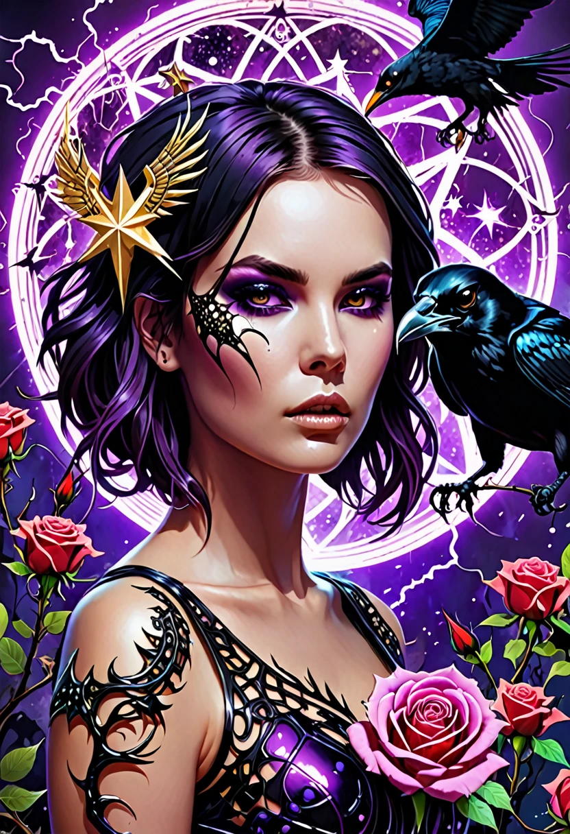 high quality, touch, neon, hardcore, purple black gold star background, inyan, steel, thorns, planets, fissure, double exposure, unique, young woman, scull, crow, snake, broken, neonовые глаза, language, fangs, Roses, portal, division, smoke, Couple, fragments, recursion, Furious Fire, spraying, short hair, Vector graphics, excessive detail, filigree pattern, metamorphosis, detailed drawing, 64k, ISO 1500