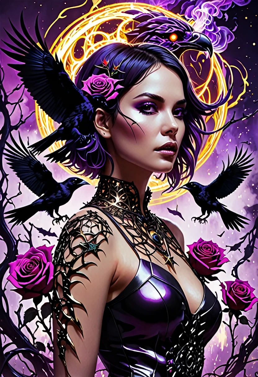 {-erro_de_anatomia:1.0} woman 30 years old, witchcraft, magician,magic clothes, where poison potions and vines abound, a woman (hutless), short black hair (black hair), (bangs), (purple eyes), looks at you amidst a pile of bones and skulls. Indifferent look , merciless. among the skulls, dancing witk a demon, Angry face, dinamic poses, egoist smile, upper body,