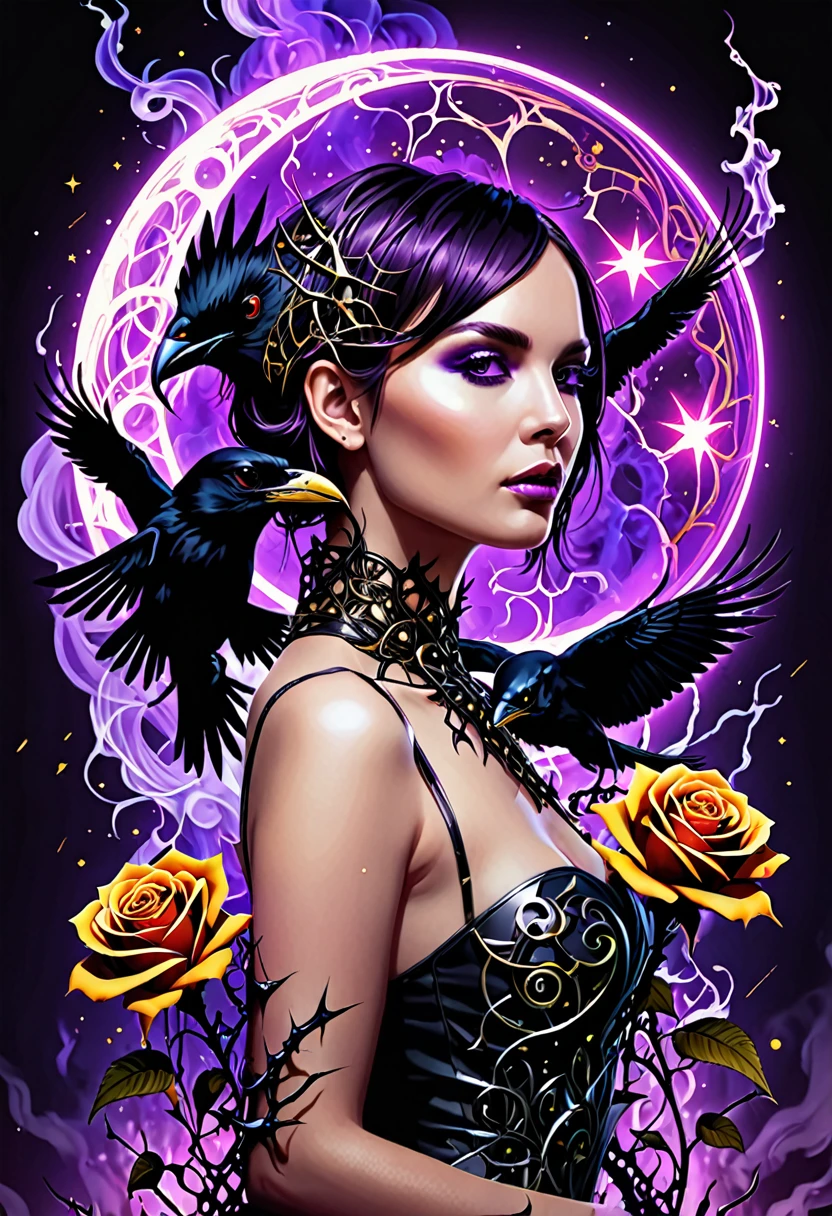 A skull with a mosaic of a hummingbird, a heart, and a fish. The skull is surrounded by roses and vines. The background is a deep blue with purple hues. The image is illuminated by a soft, golden light. --auto --s2