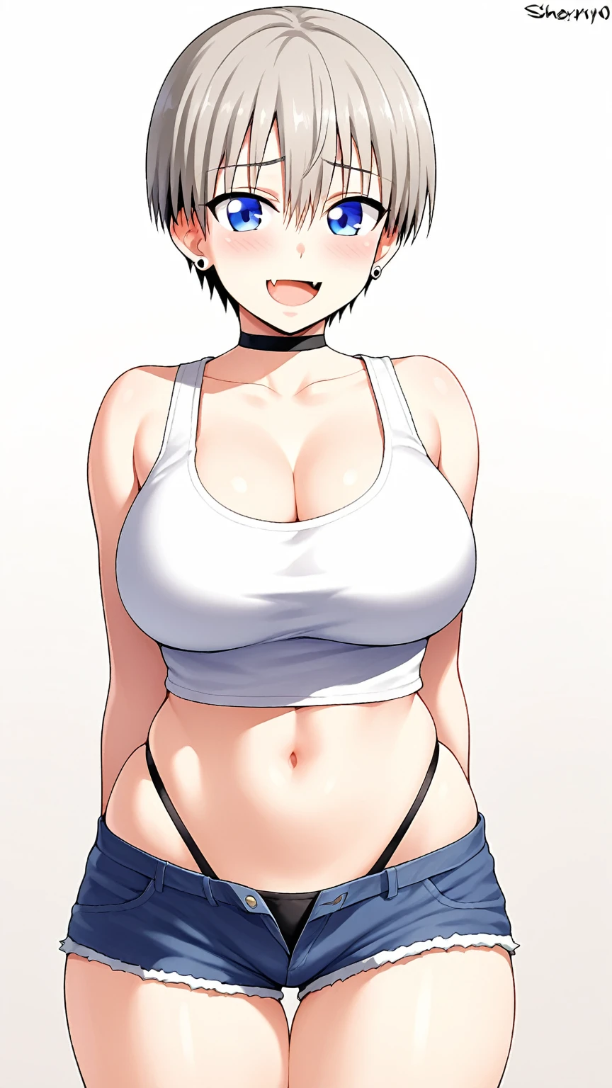 1girl, breasts, solo, fang, shorts, navel, short_hair, denim, blue_eyes, cleavage, choker, open_mouth, denim_shorts, grey_hair, smile, arms_behind_back, bare_shoulders, uzaki_hana, looking_at_viewer, skin_fang, underwear, panties, highleg, highleg_panties, large_breasts, collarbone, thigh_gap, hair_between_eyes, midriff, blush, black_choker, bangs, short_shorts, tank_top, cutoffs, black_panties, jewelry, thighs, earrings, :d, cowboy_shot, simple_background, crop_top, wide_hips, black_tank_top, skindentation