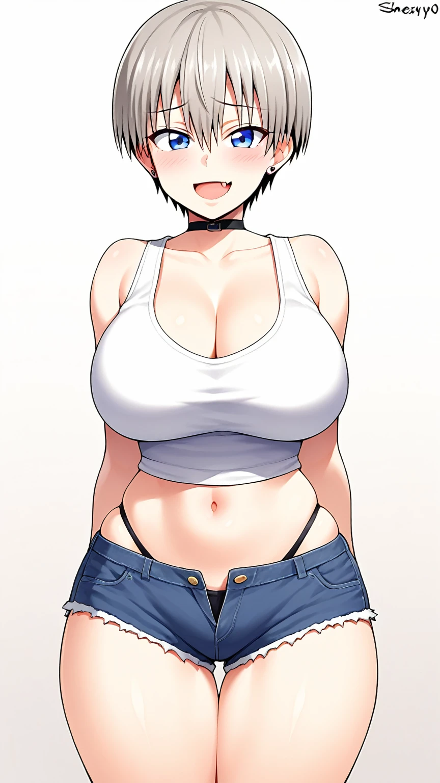 1girl, breasts, solo, fang, shorts, navel, short_hair, denim, blue_eyes, cleavage, choker, open_mouth, denim_shorts, grey_hair, smile, arms_behind_back, bare_shoulders, uzaki_hana, looking_at_viewer, skin_fang, underwear, panties, highleg, highleg_panties, large_breasts, collarbone, thigh_gap, hair_between_eyes, midriff, blush, black_choker, bangs, short_shorts, tank_top, cutoffs, black_panties, jewelry, thighs, earrings, :d, cowboy_shot, simple_background, crop_top, wide_hips, black_tank_top, skindentation