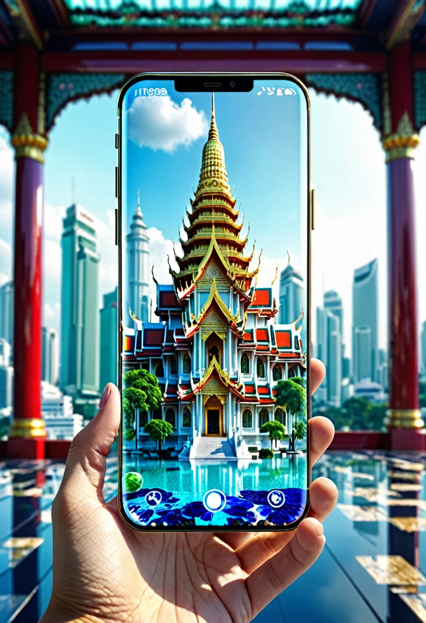 Incite...
Beautiful glass cell phone like the famous building "Single plumbing" with backgrounds with hyper-realistic Thai decorations, cinematrographic, fot, 3D rendering, close-ups, ground.