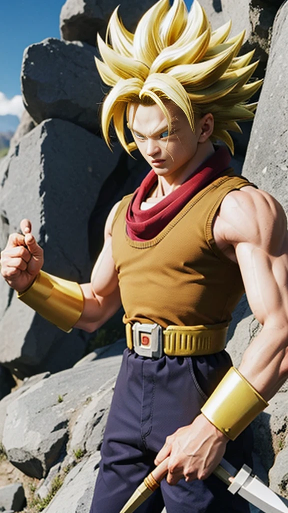 Dragonball Super Future Trunks super sayan with scarf around his neck and sword in his hands. 