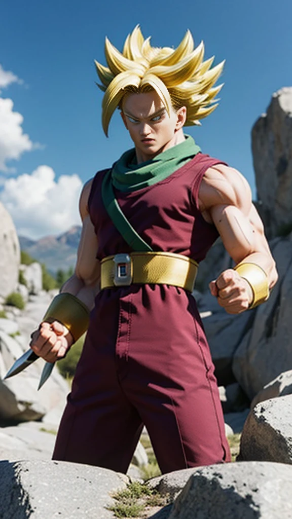 Dragonball Super Future Trunks super sayan with scarf around his neck and sword in his hands. 