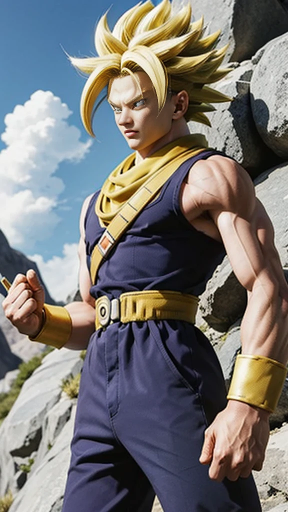 Dragonball Super Future Trunks super sayan with scarf around his neck and sword in his hands. 